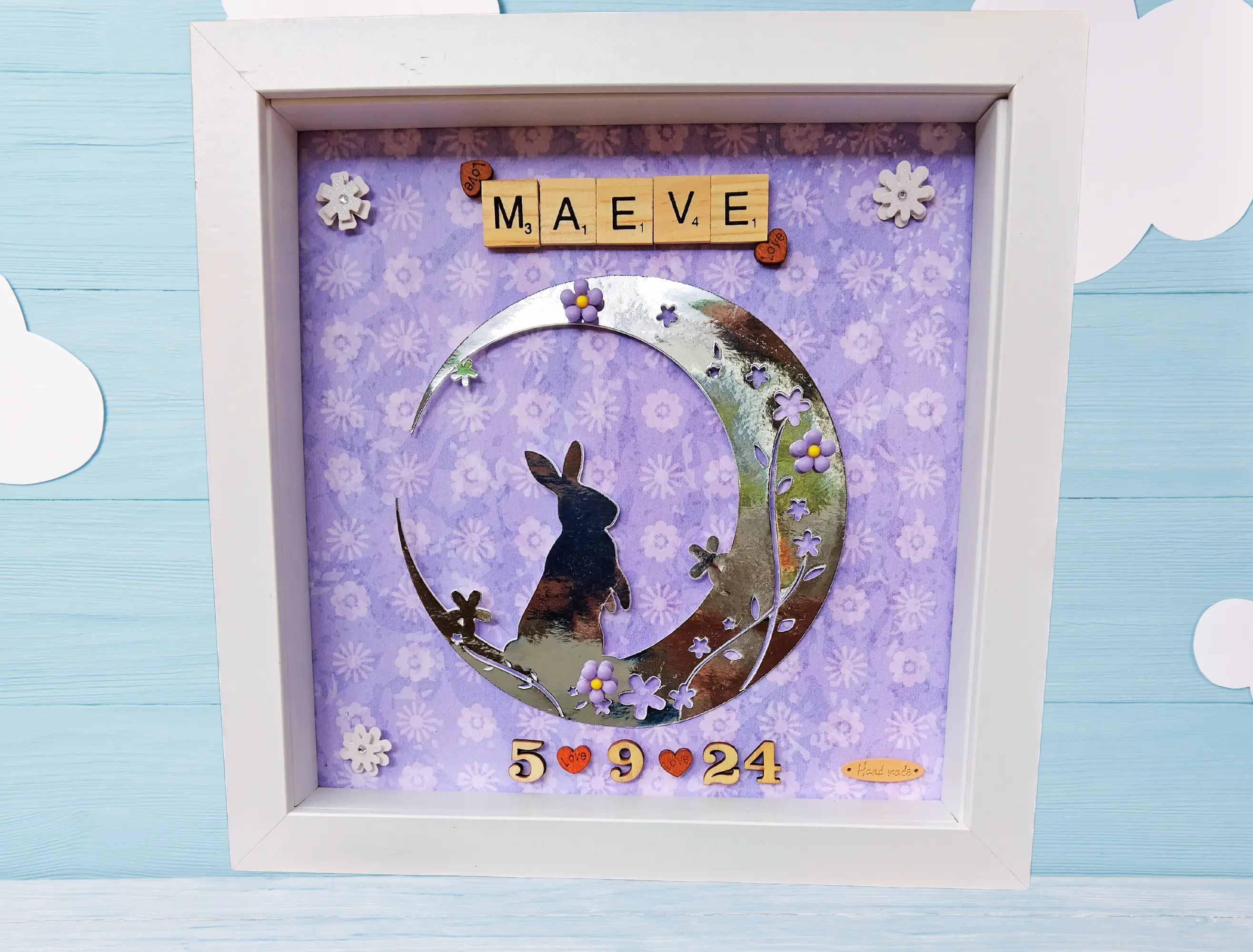 Custom 3d baby girl frame with silver bunny