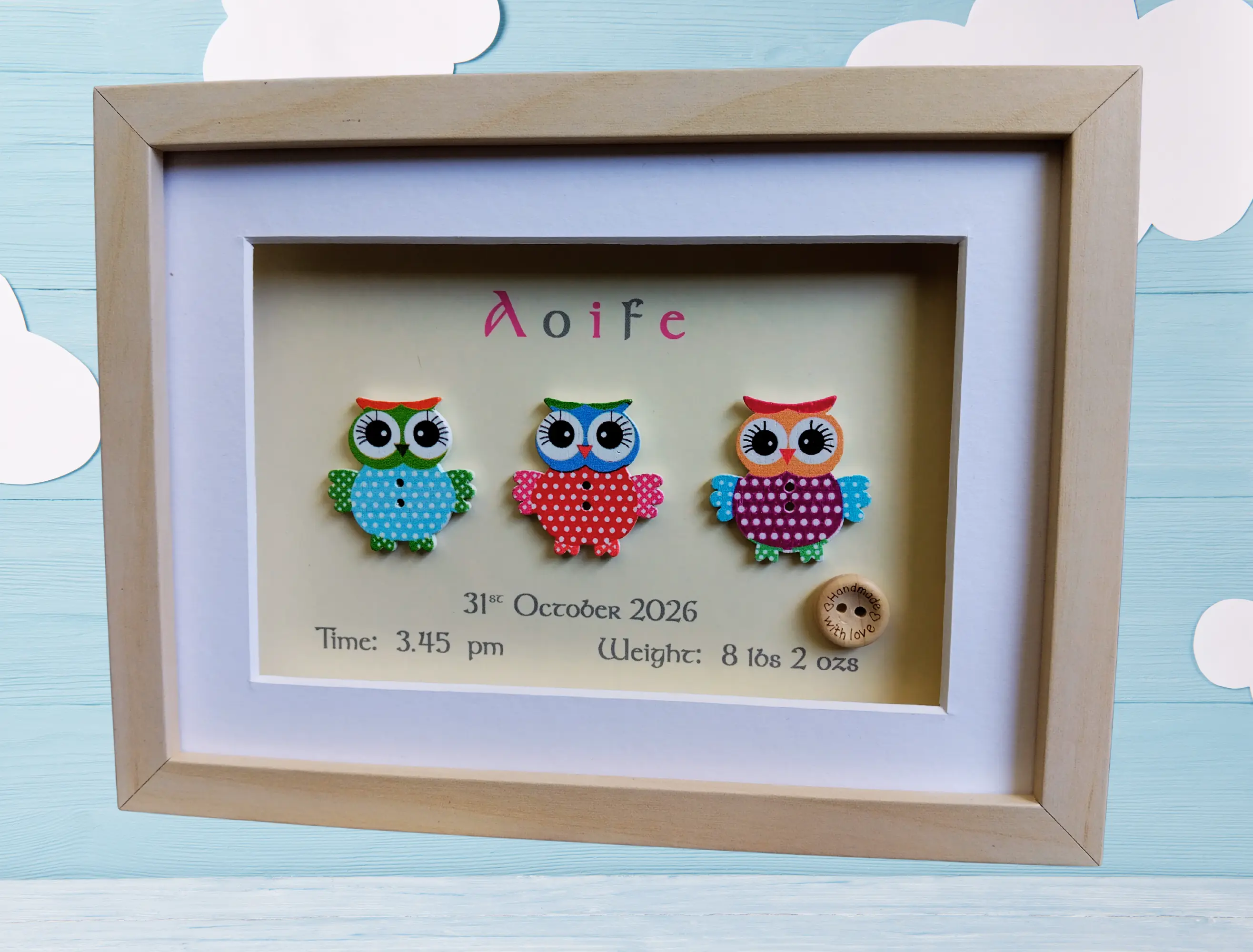 Cute baby girl owl frame personalised with name date weight