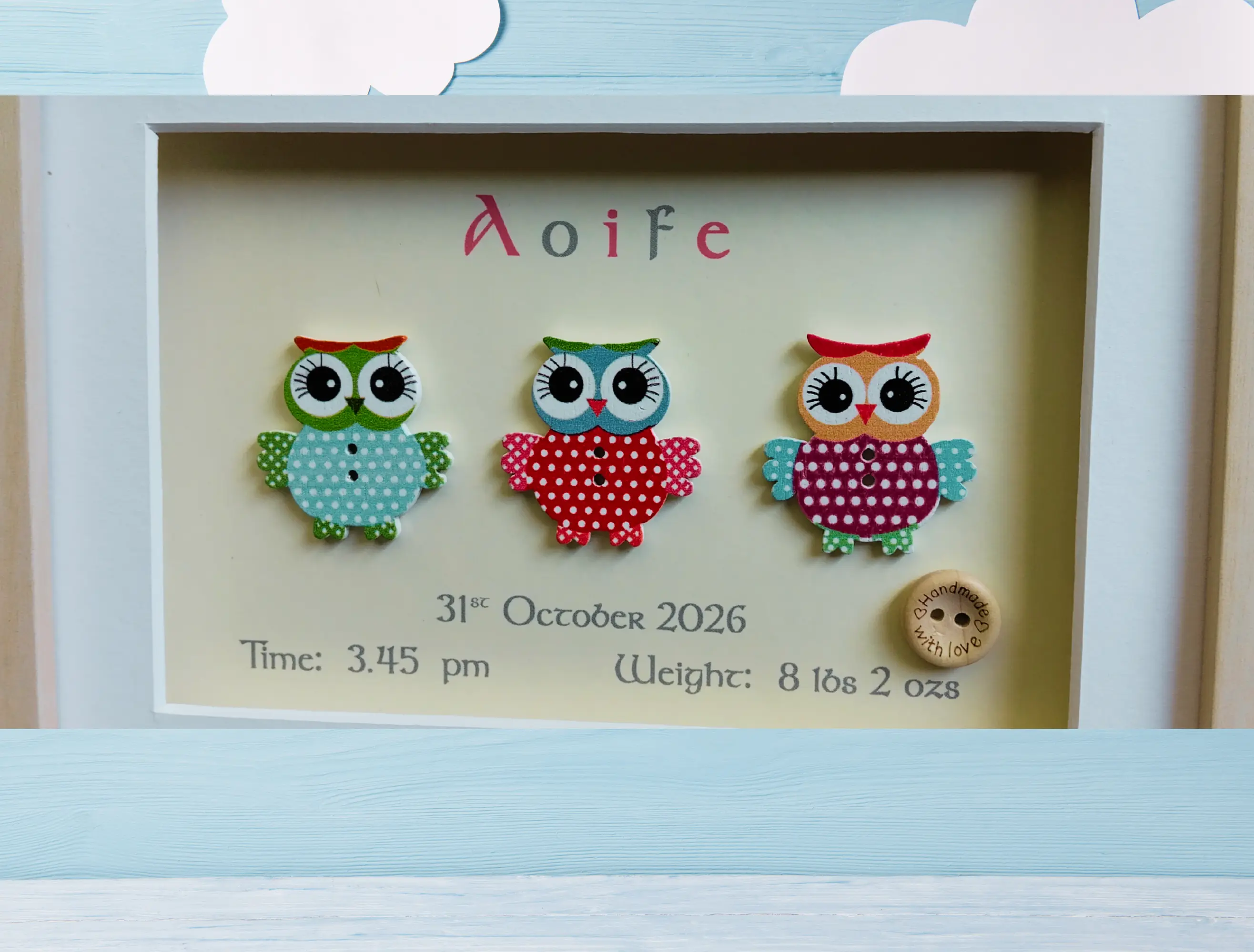 Cute baby girl owl frame personalised with name date weight