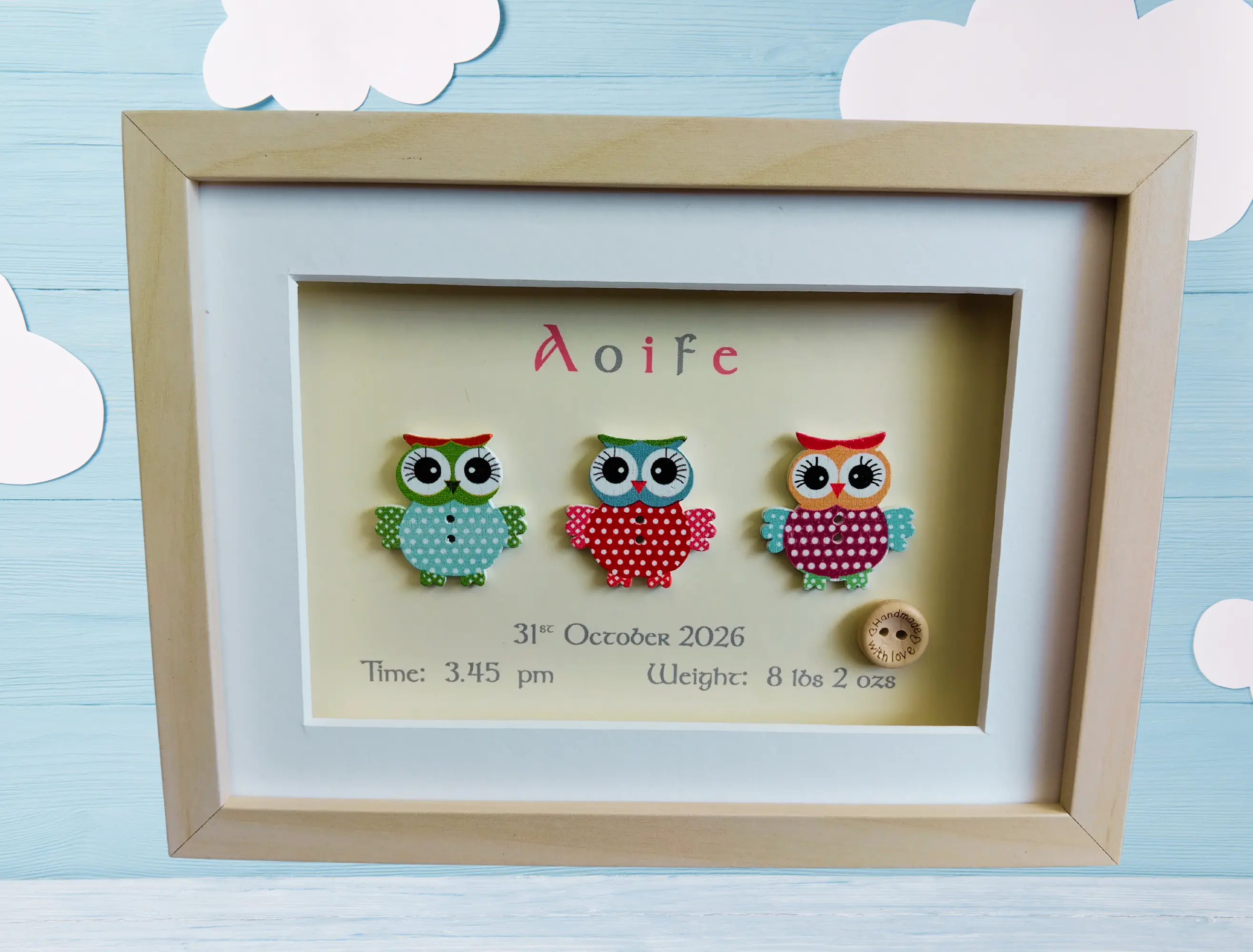 Cute baby girl owl frame personalised with name date weight