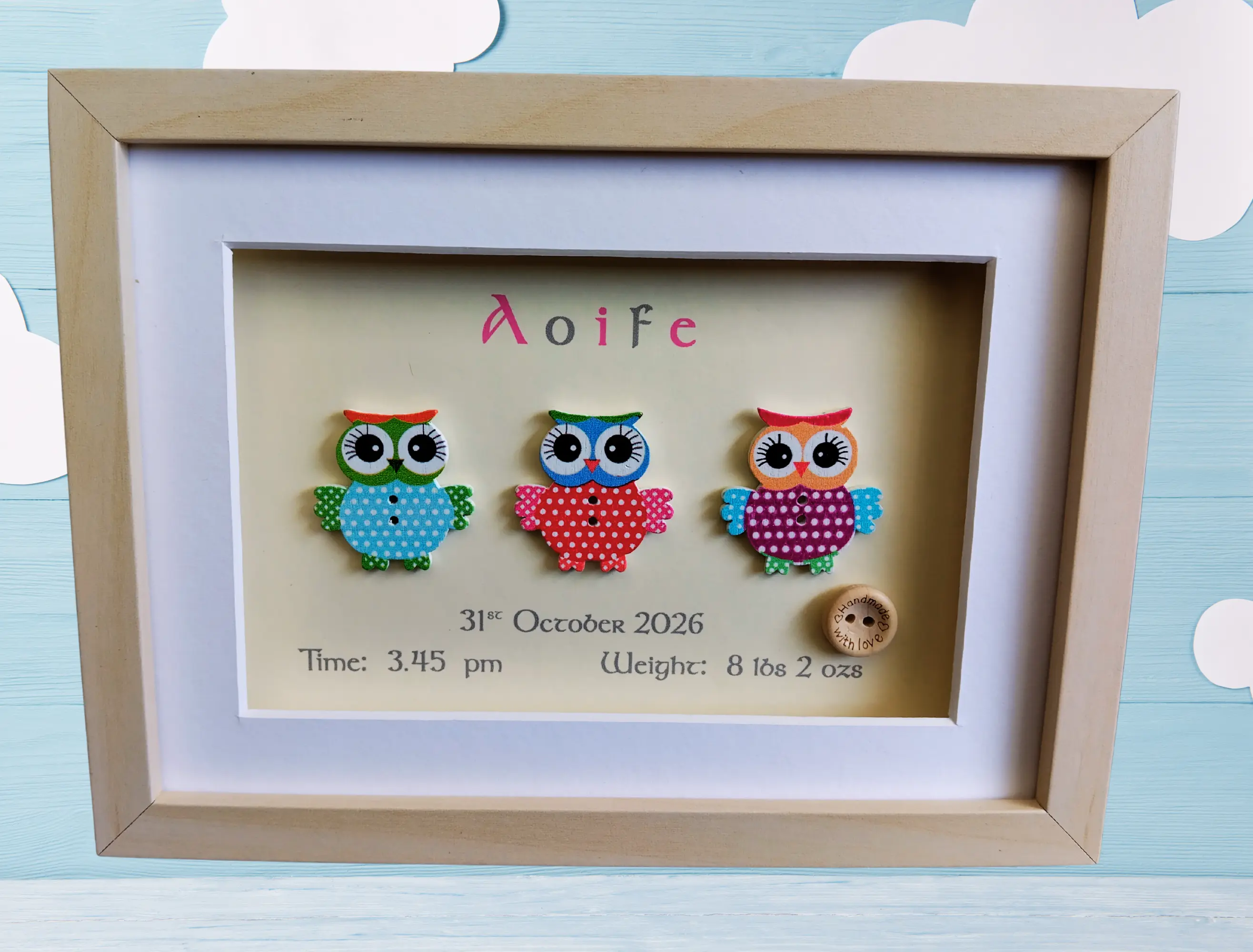 Cute baby girl owl frame personalised with name date weight