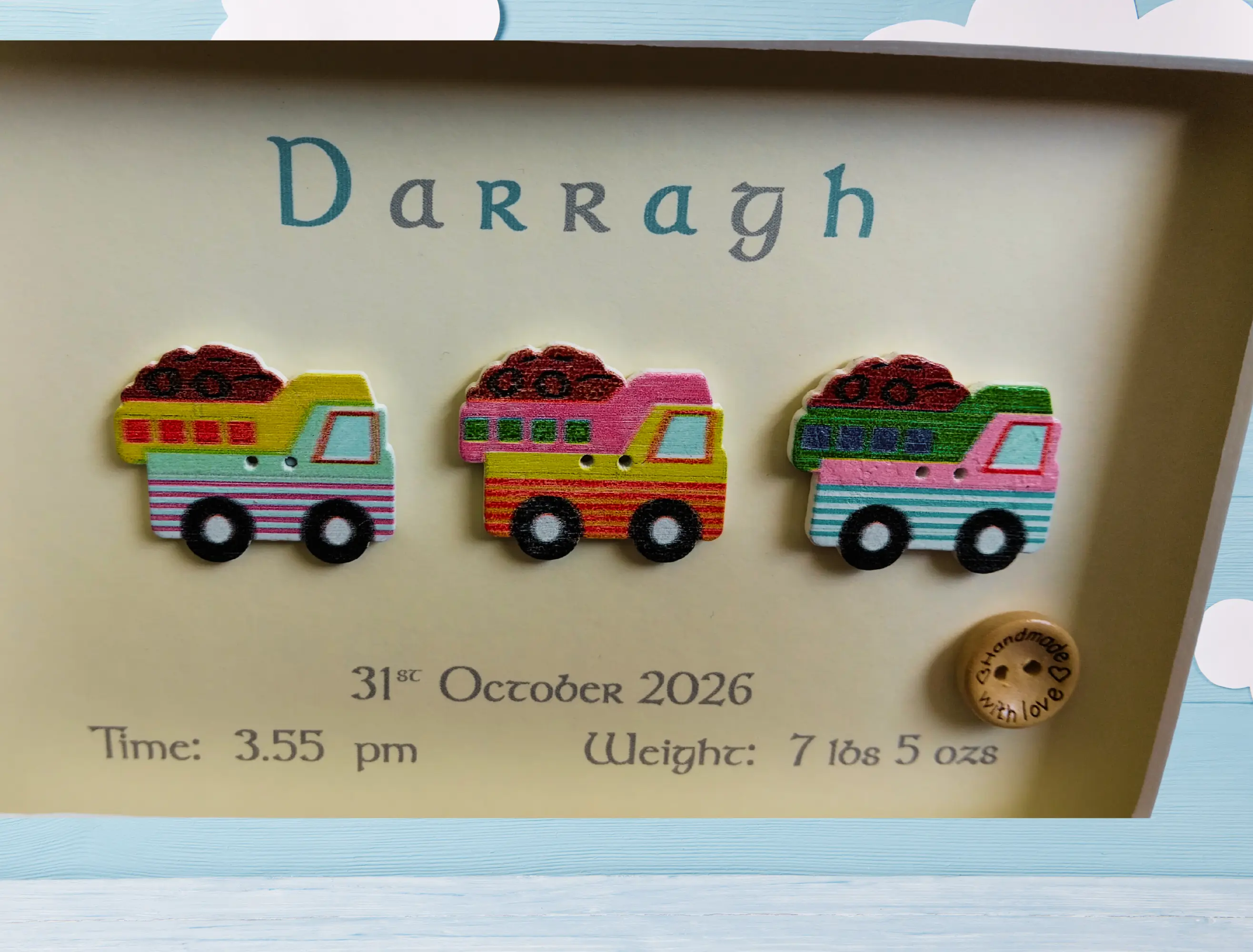 Cute personalised baby boy frame dumper trucks toys