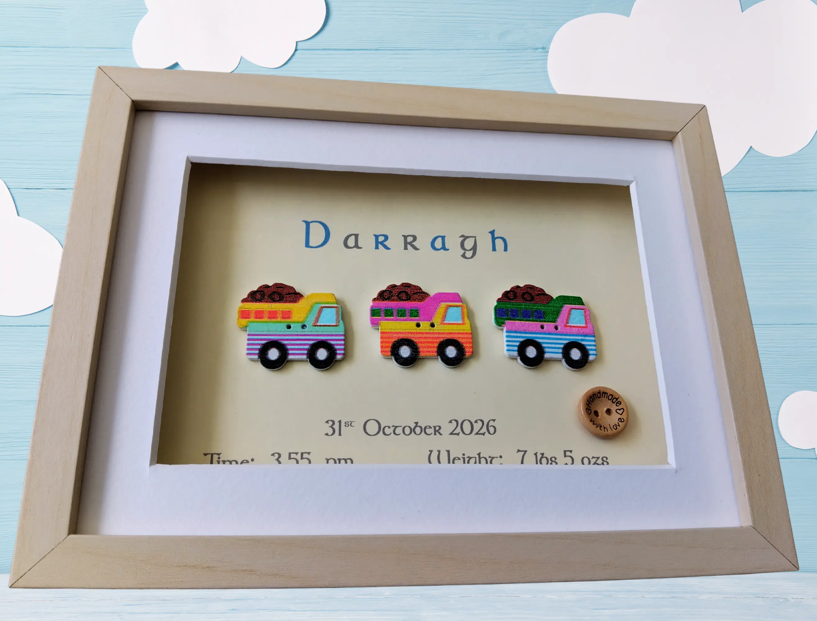 Cute personalised baby boy frame dumper trucks toys