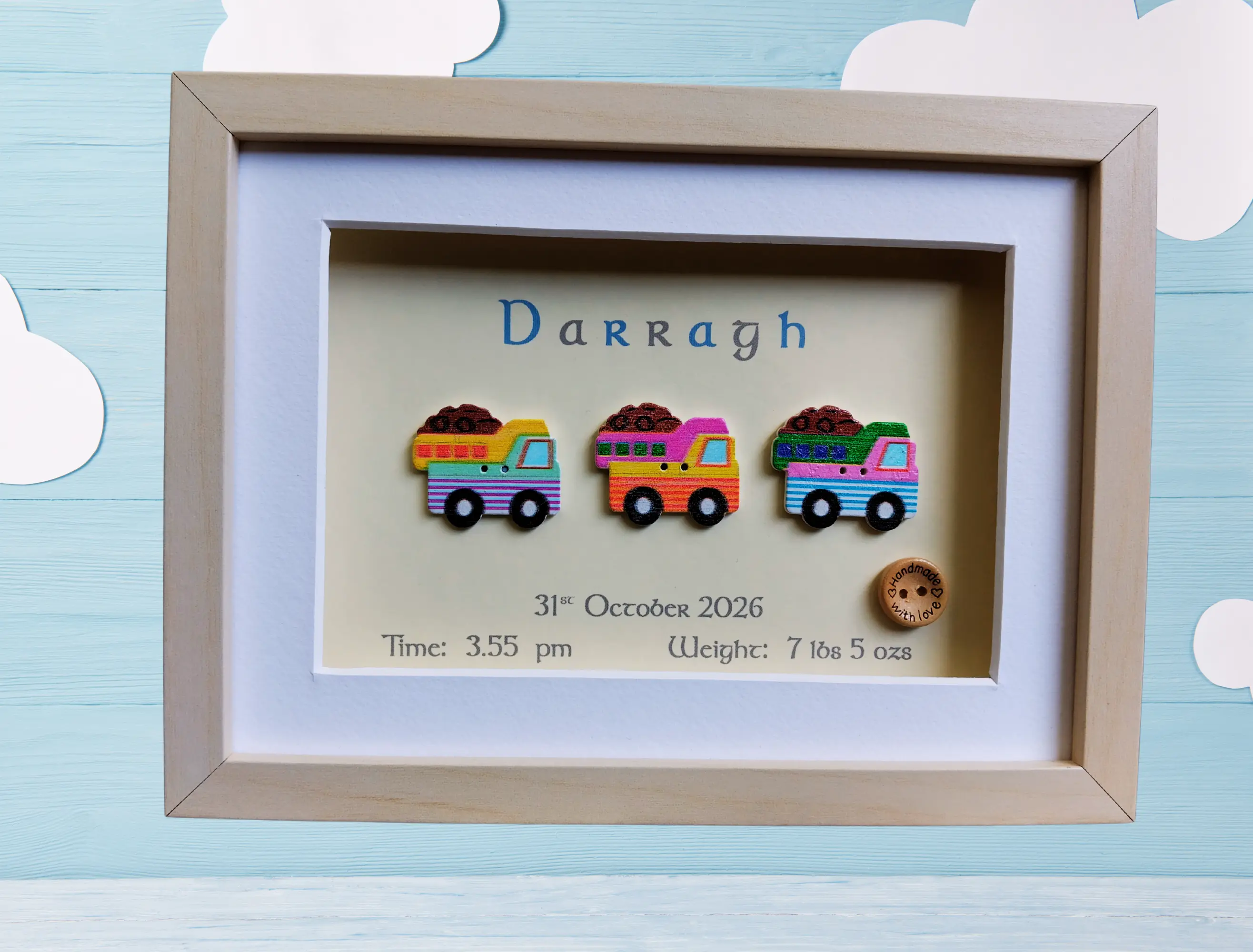 Cute personalised baby boy frame dumper trucks toys