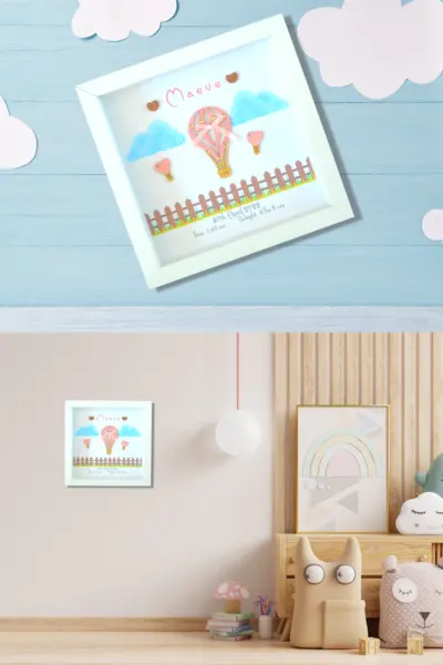 Cute personalised baby girl frame with hot air balloon and clouds including birth statistics.