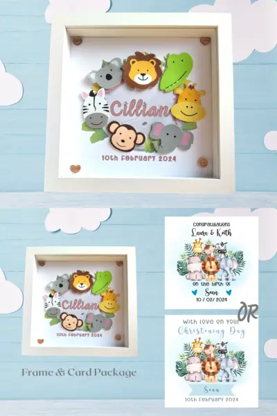 Jungle cute animals new baby personalised frame and card