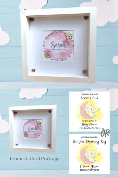 New baby gift frame moon and stars print boy or girl with card