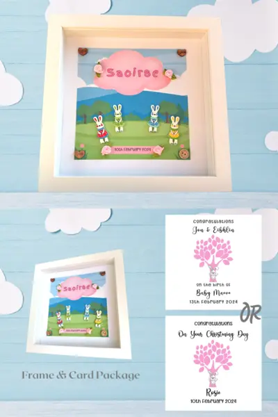New baby personalised frame cute colourful bunnies