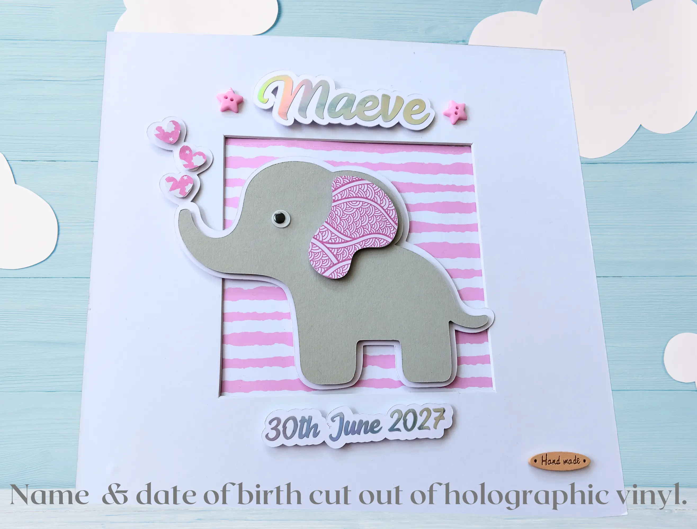 Personalised baby frame cute elephant cutout stars hearts