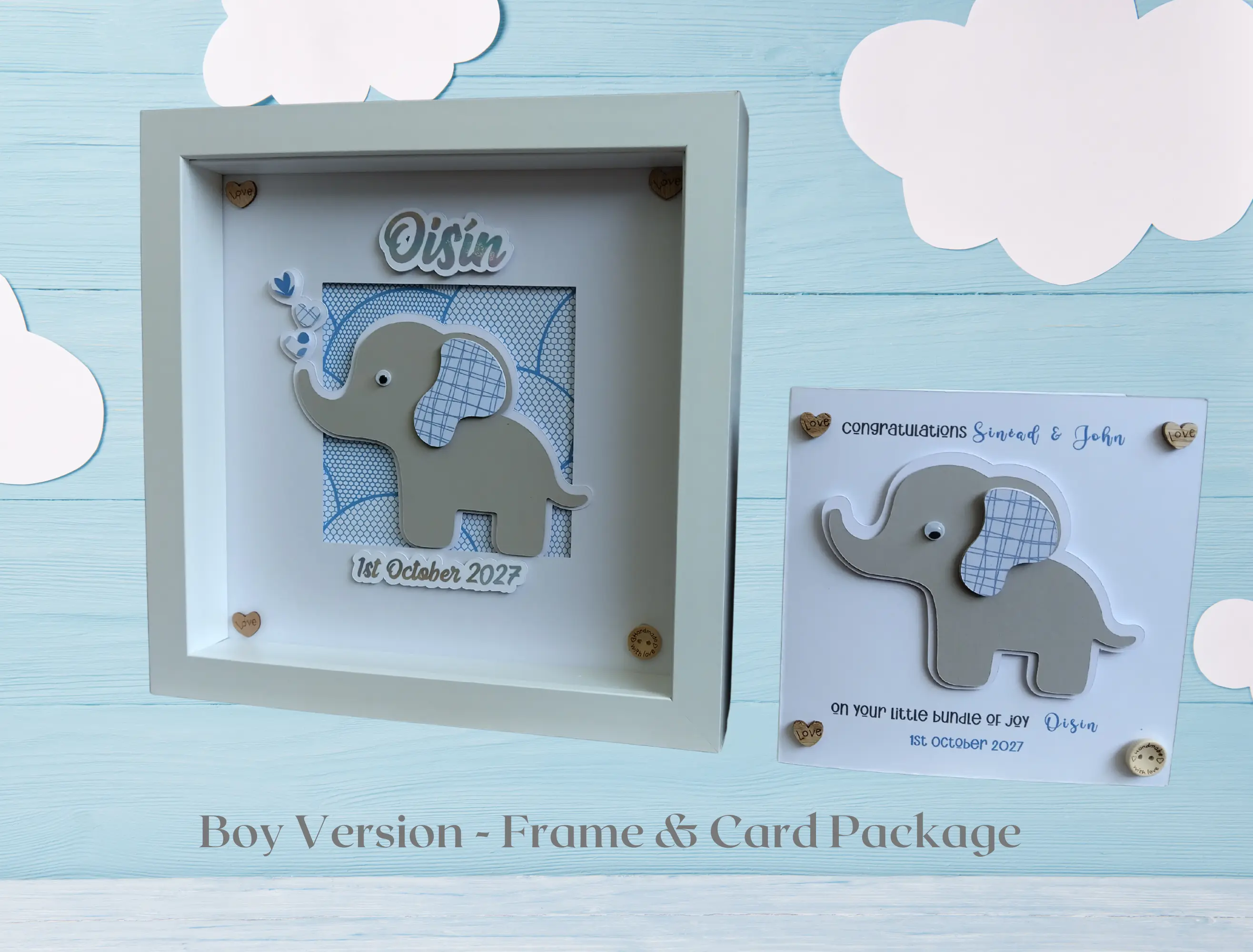 Personalised baby frame cute elephant cutout stars hearts