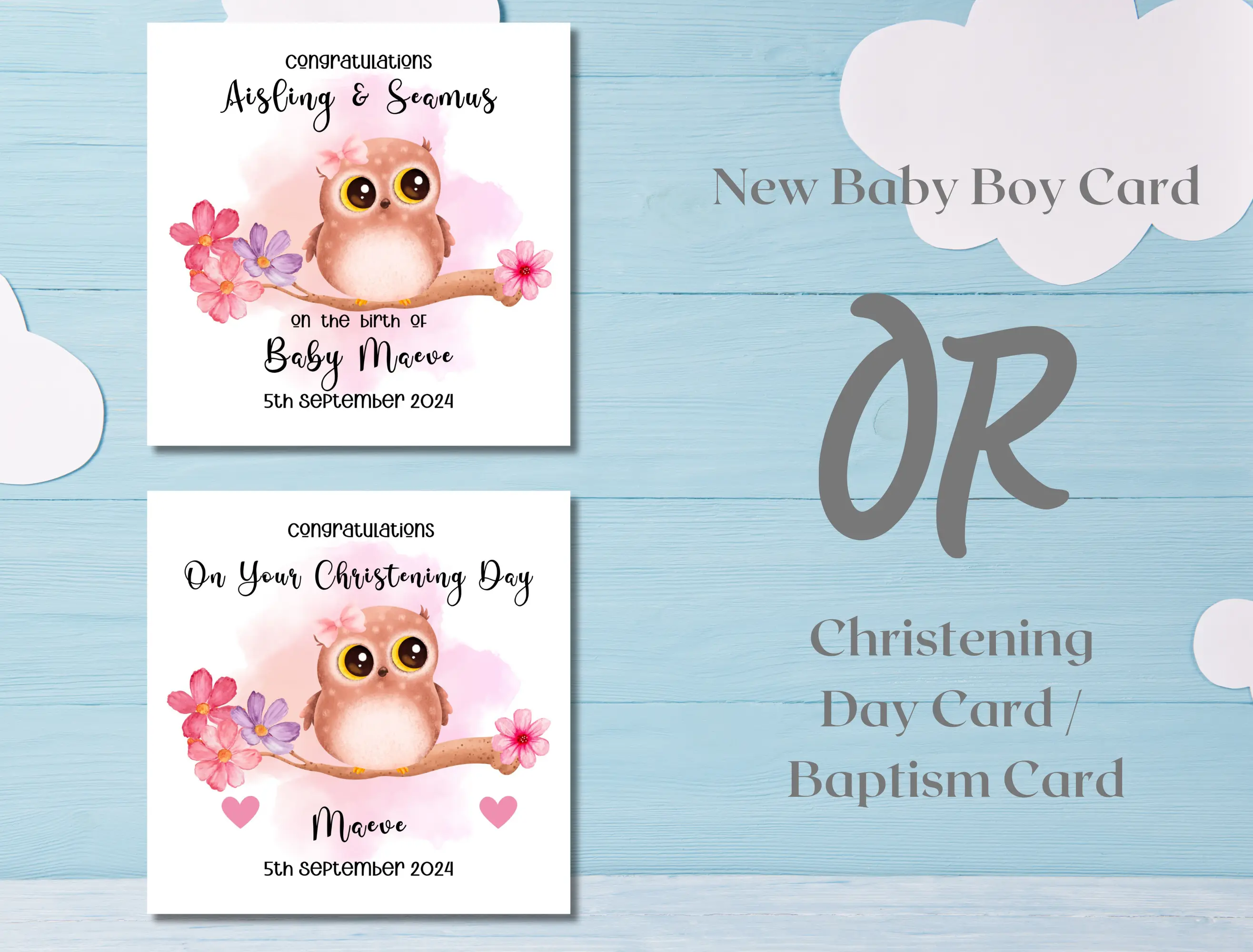 Personalised baby girl cute owl on branch frame