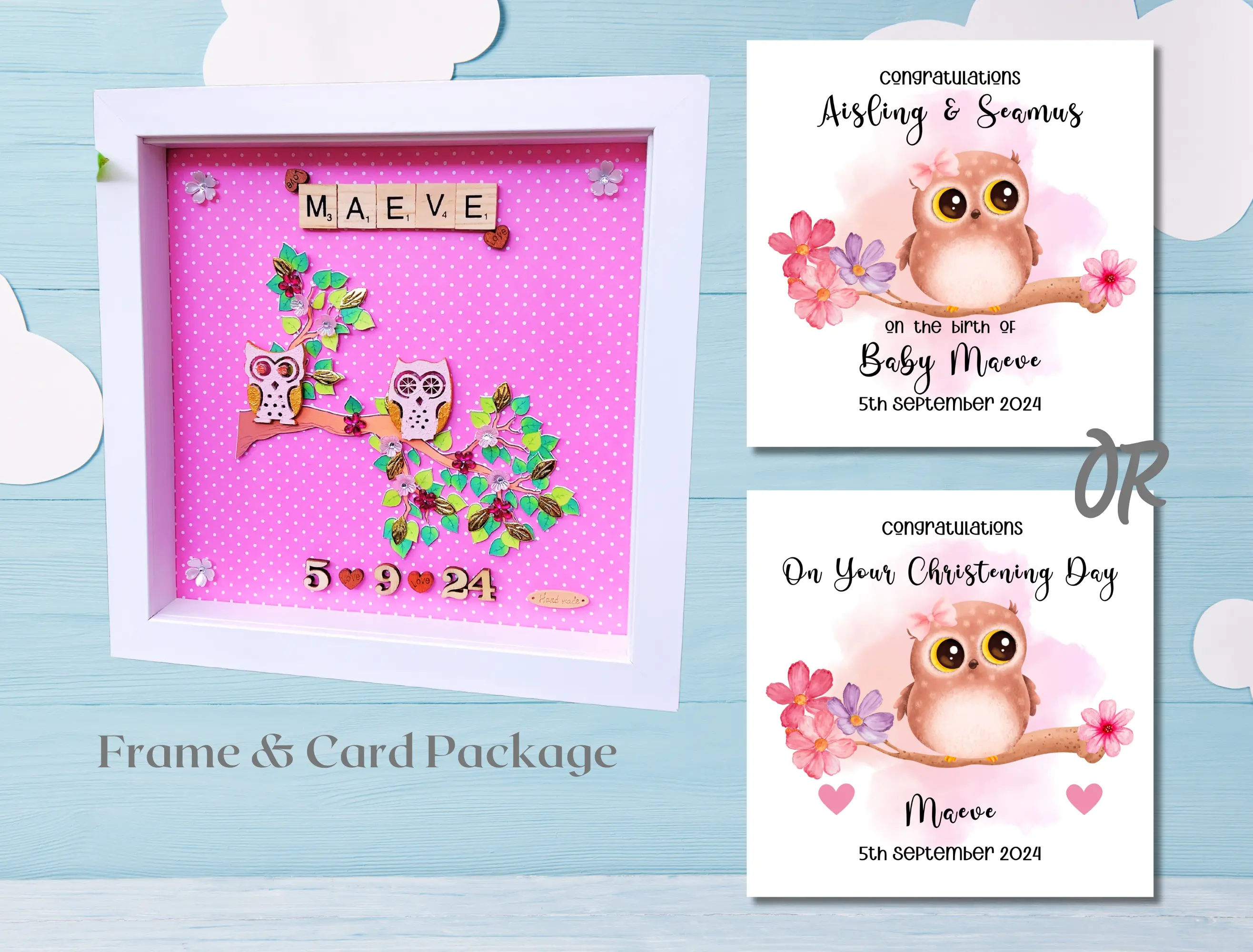 Personalised baby girl cute owl on branch frame