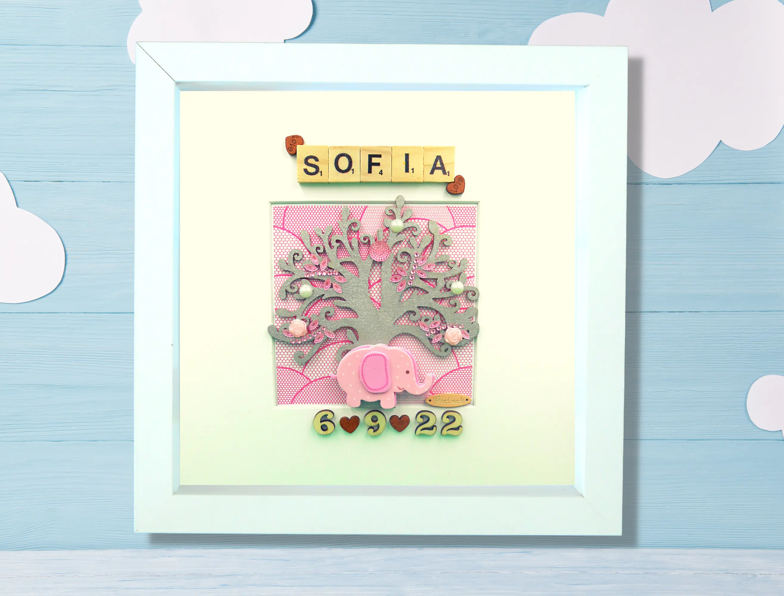 Personalised baby girl frame elephant pink