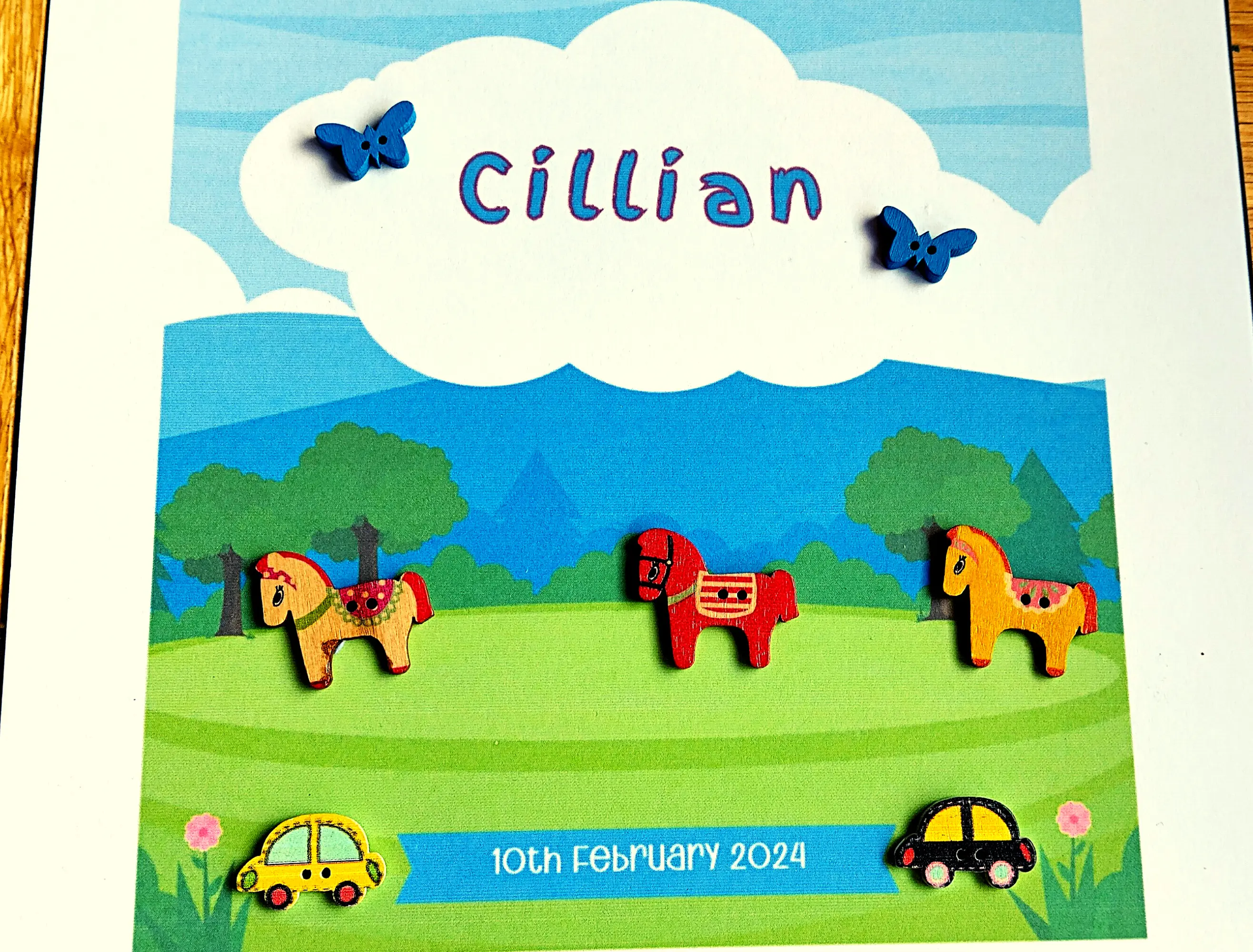Personalised new baby frame with cute horses pony cars