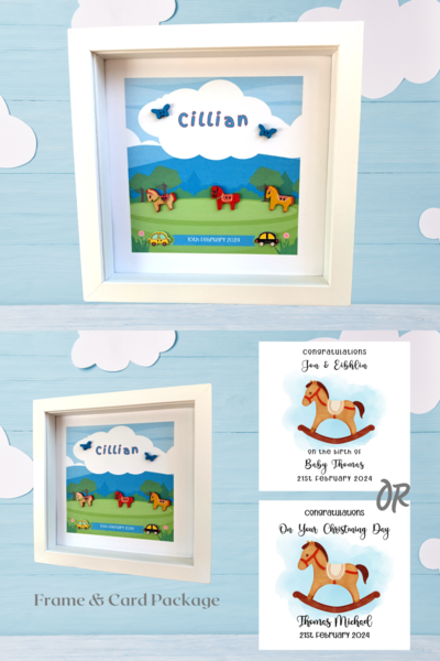 Personalised new baby frame with cute horses pony cars