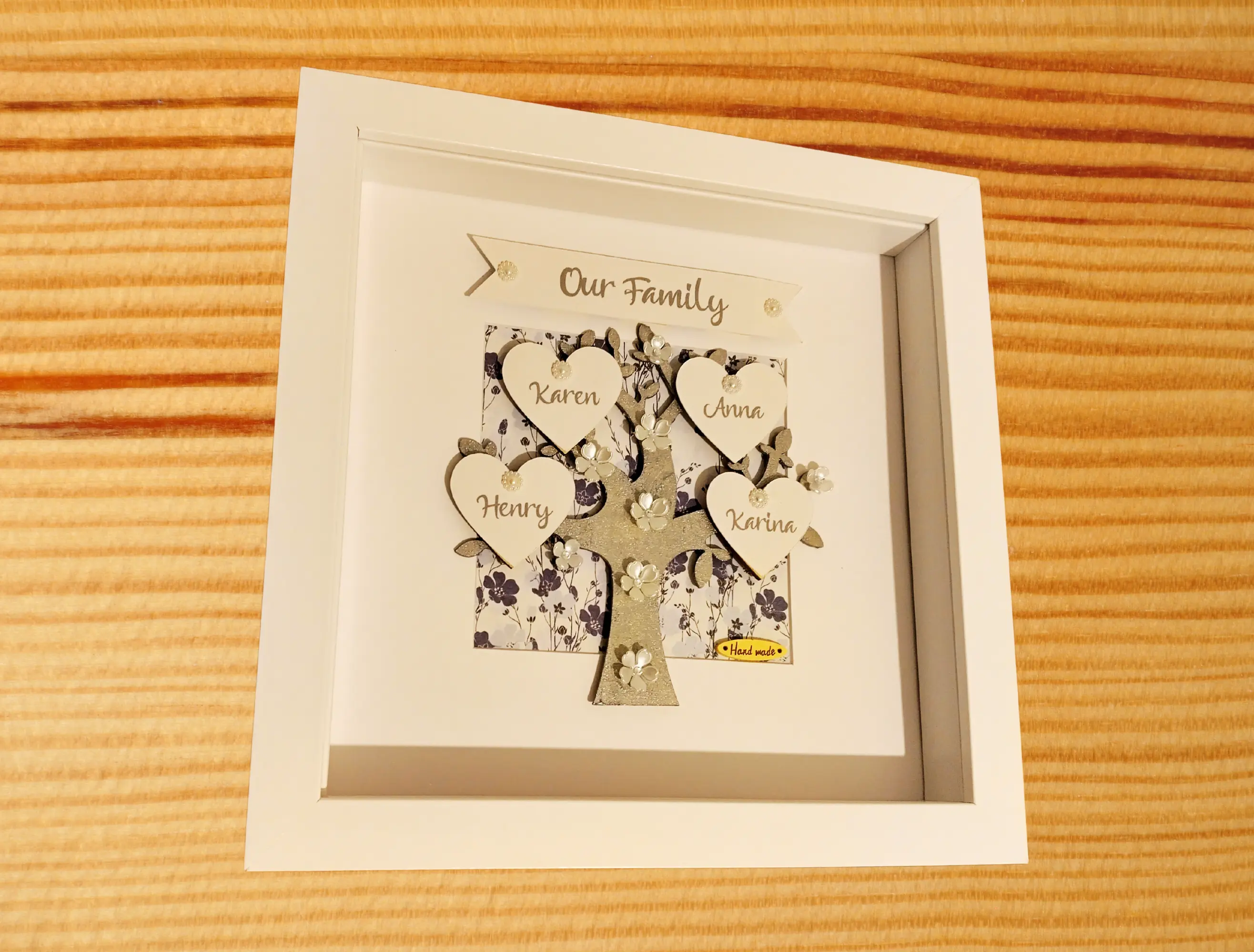 Personalised family tree frame for wall heart flowers silver tree