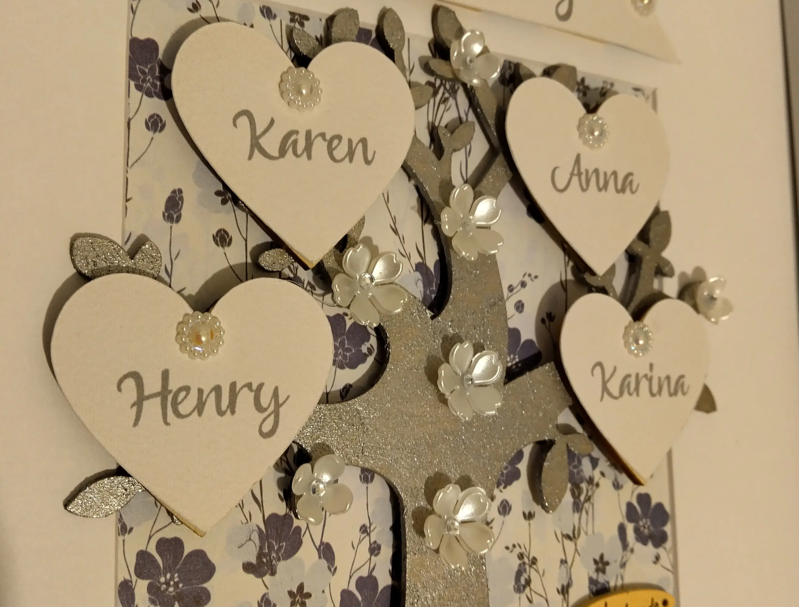 Personalised family tree frame for wall heart flowers silver tree
