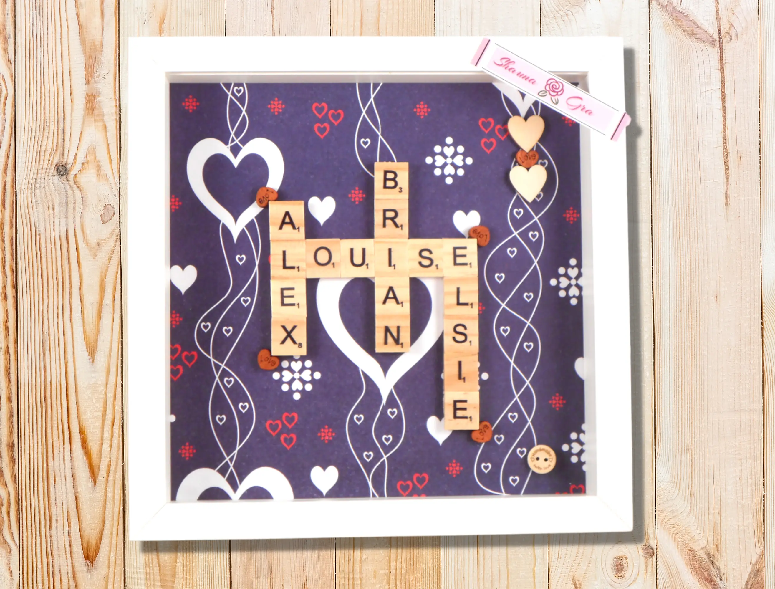 Personalized name frames hearts blue
