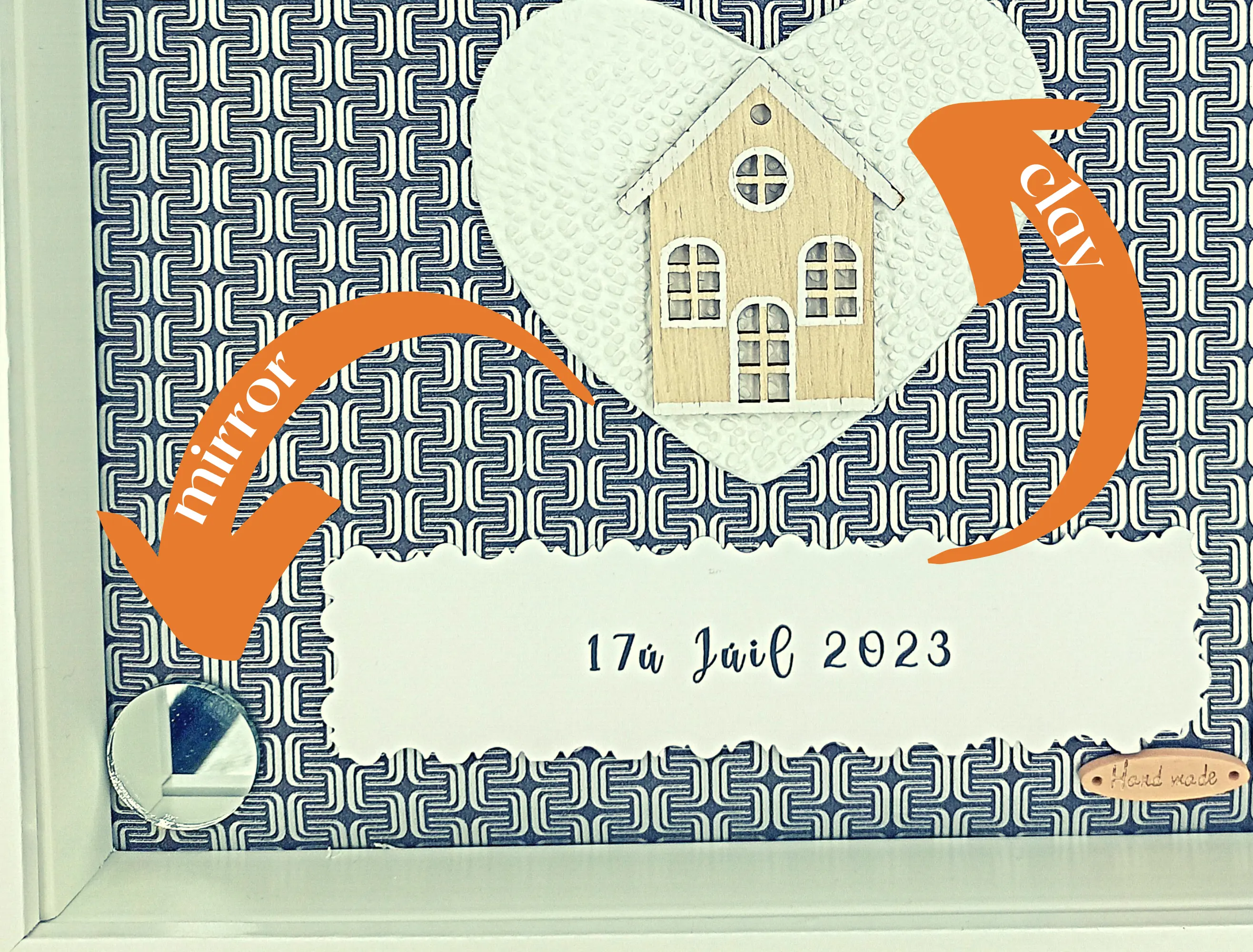Personalised new home frame with cute house on clay heart