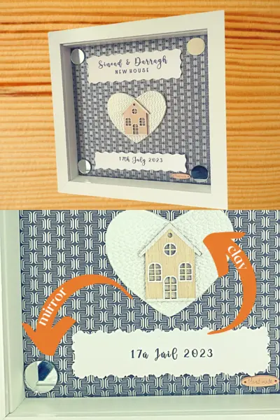Personalised new home frame with cute house on clay heart