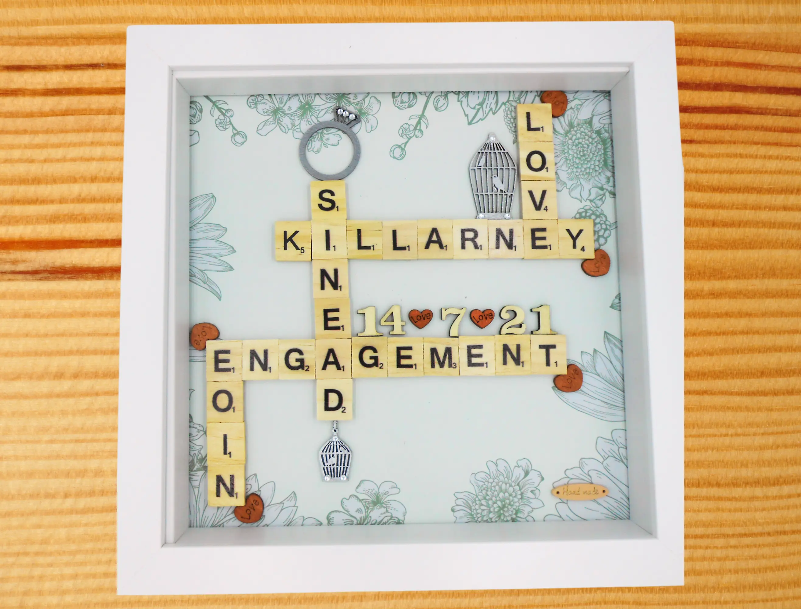 Personalised engagement frame names date lovebirds ring