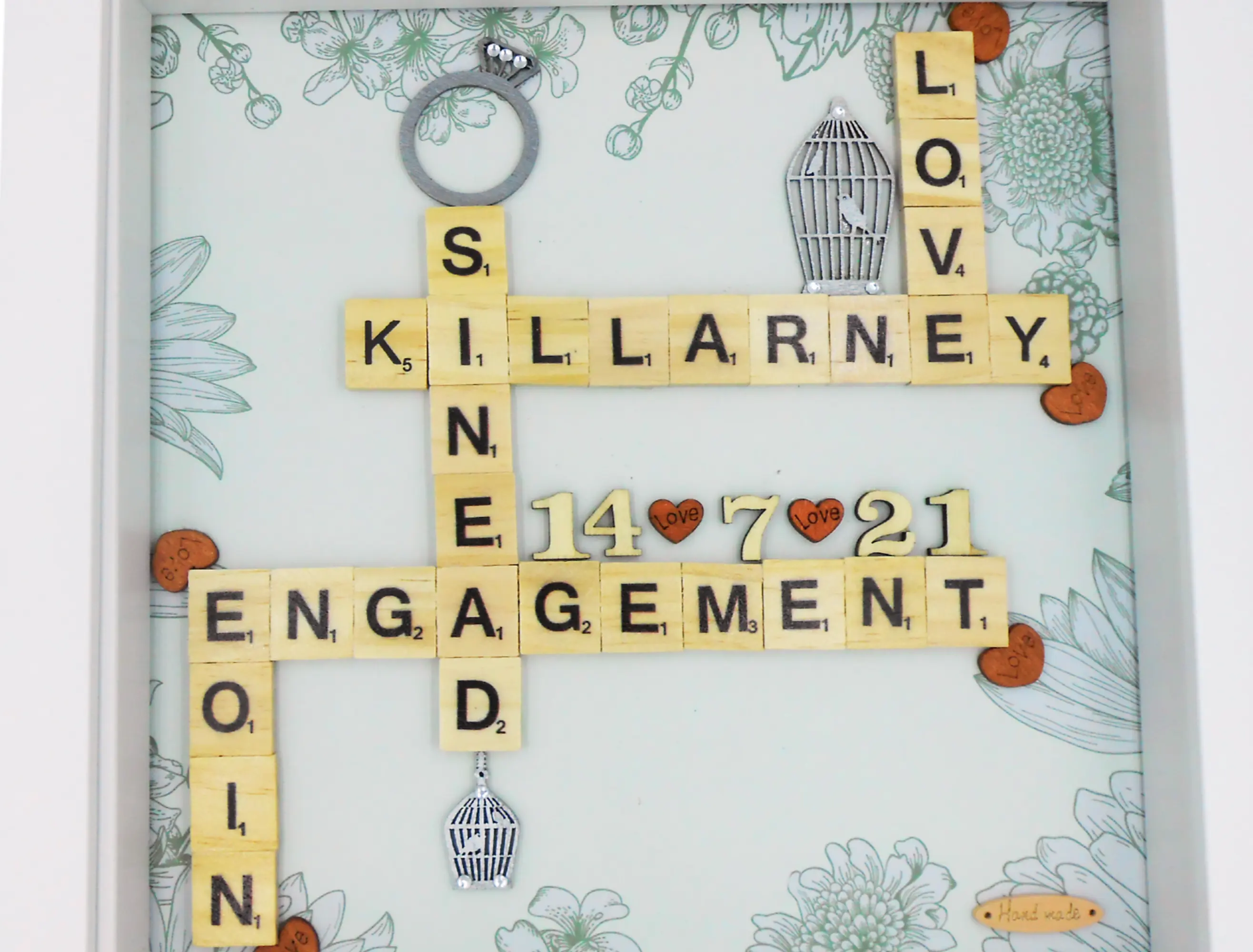 Personalised engagement frame names date lovebirds ring