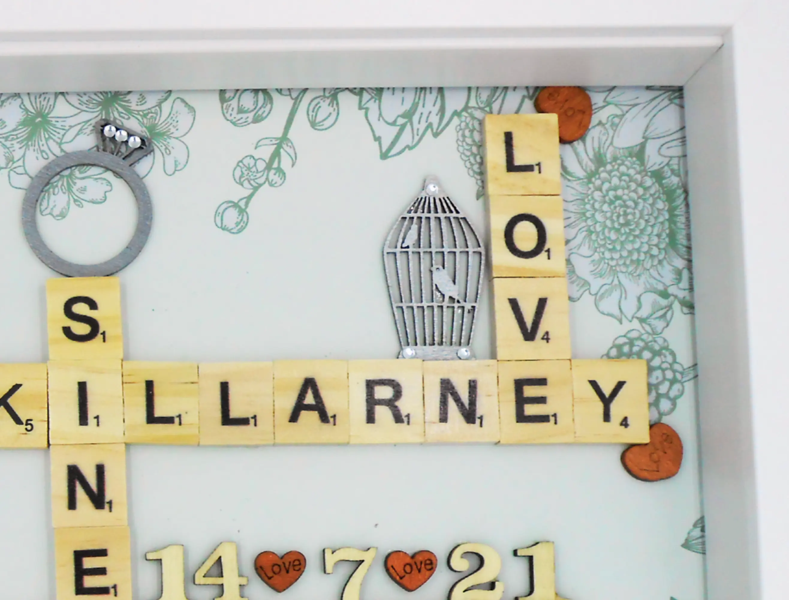 Personalised engagement frame names date lovebirds ring