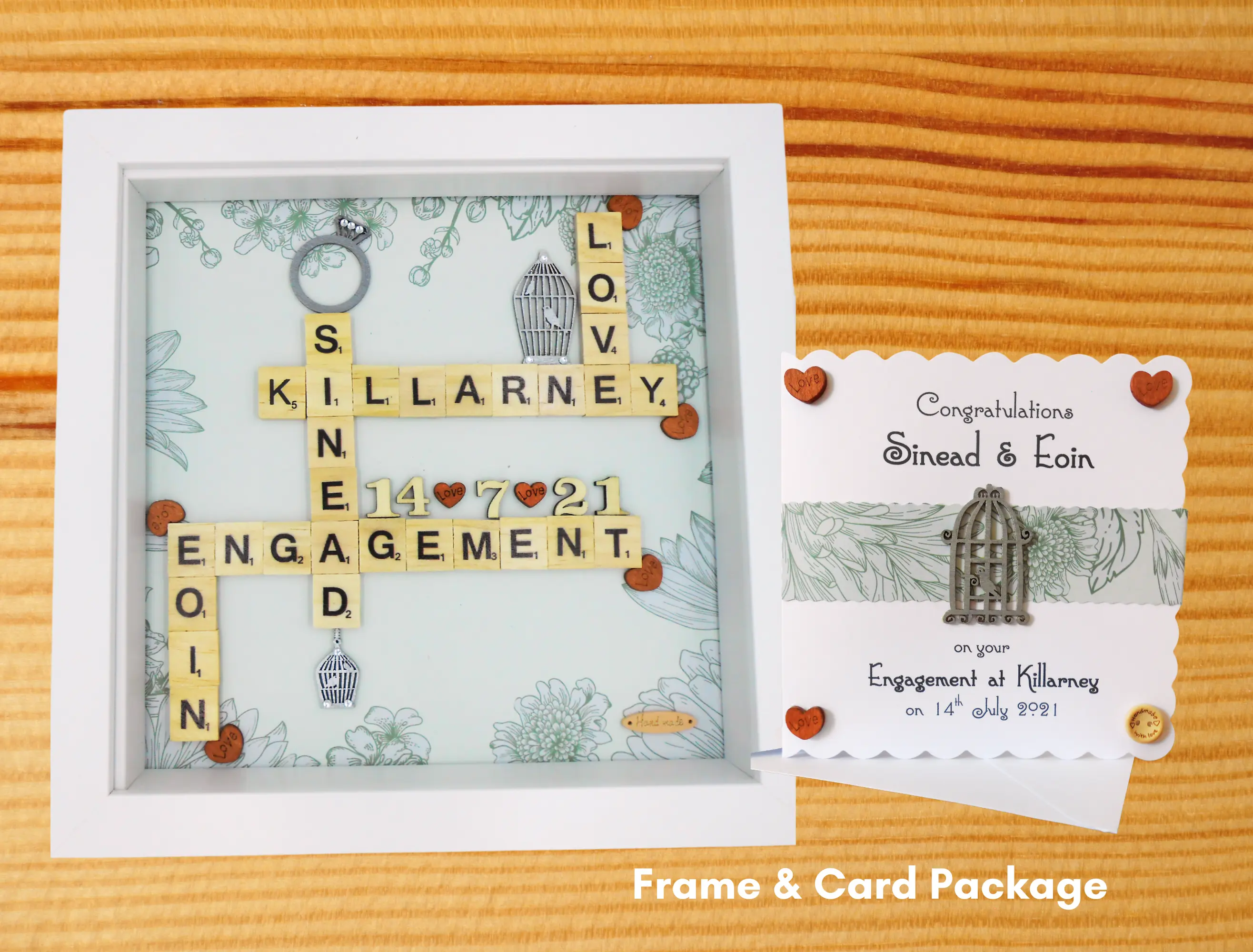Personalised engagement frame names date lovebirds ring