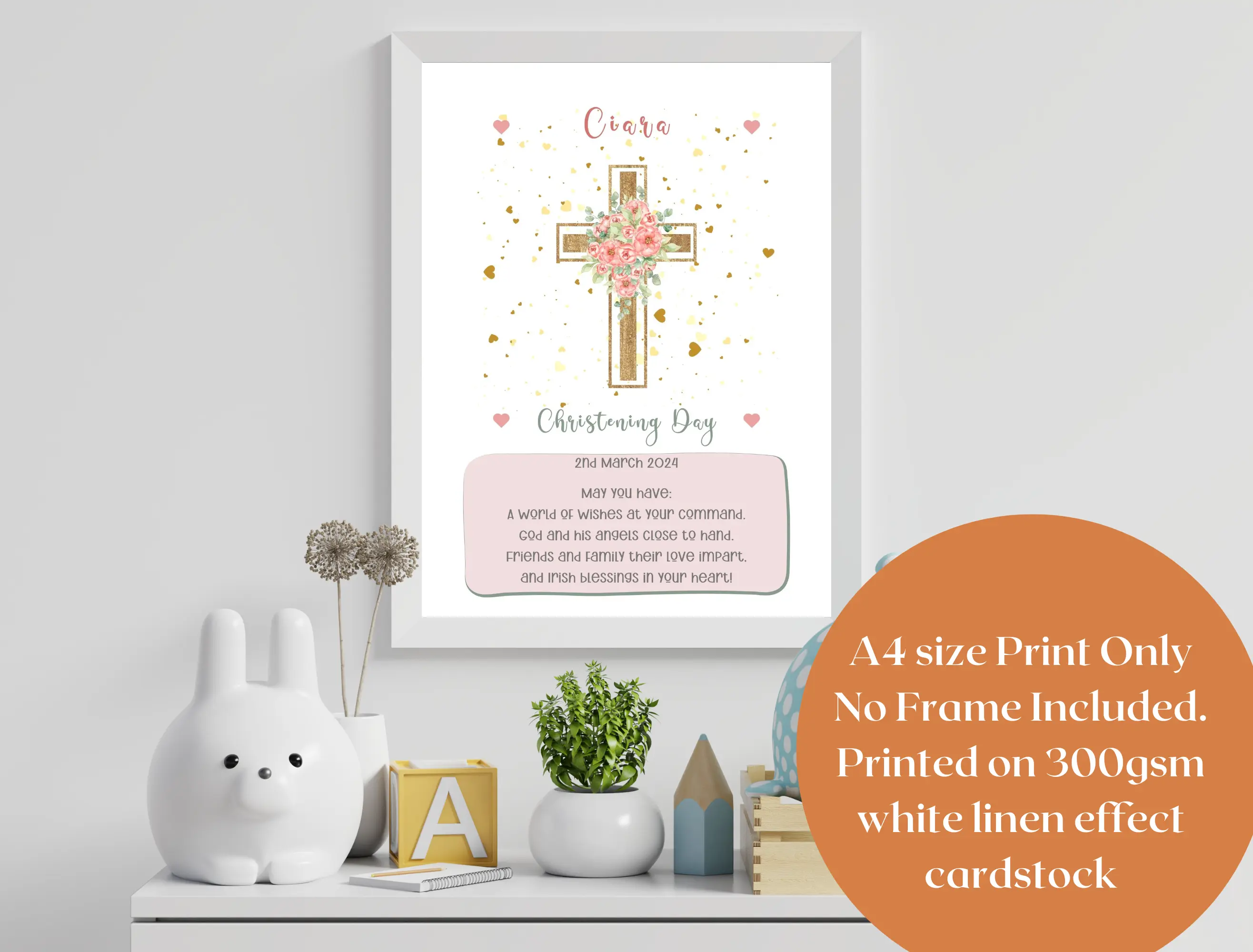 Christening print for girl or boy cute cross with hearts