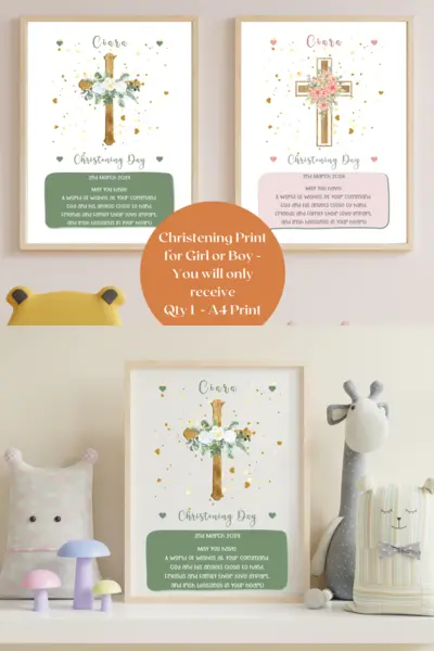 Christening print for girl or boy cute cross with hearts