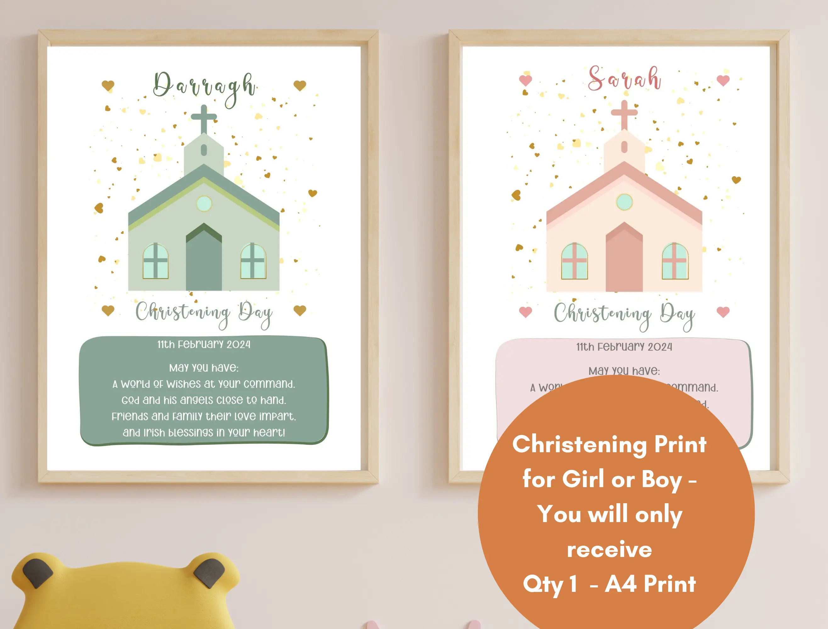 Christening print with church for girl or boy personalised name