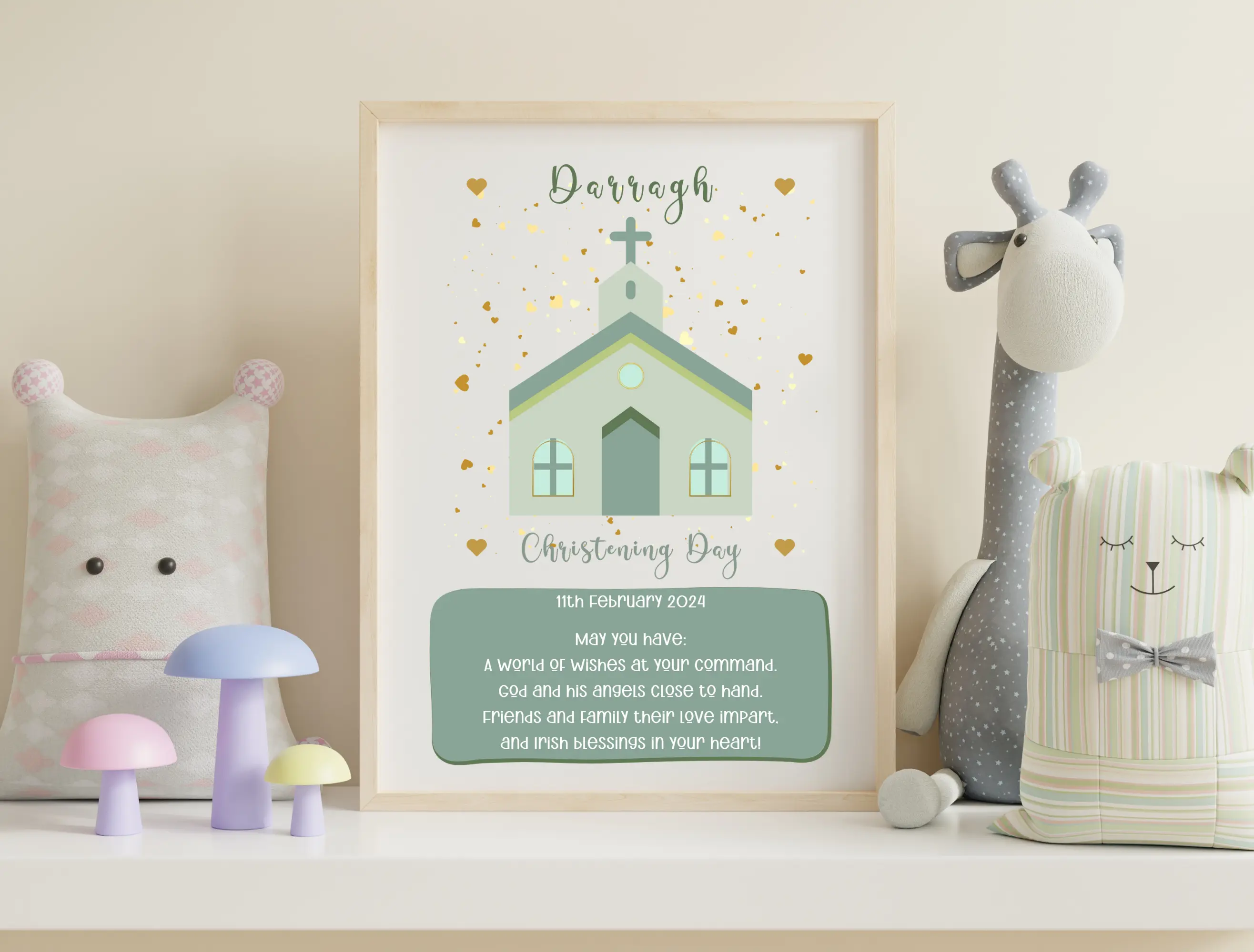 Christening print with church for girl or boy personalised name