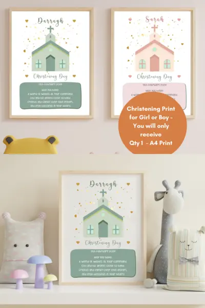 Christening print with church for girl or boy personalised name