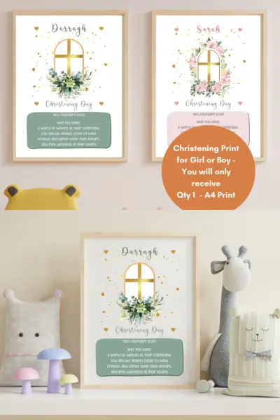 Christening print with flowers personalised name for girl or boy