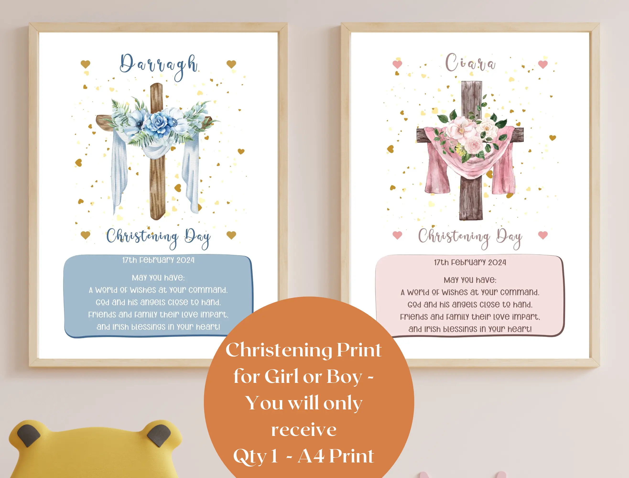 Girl or boy christening print floral cross with hearts