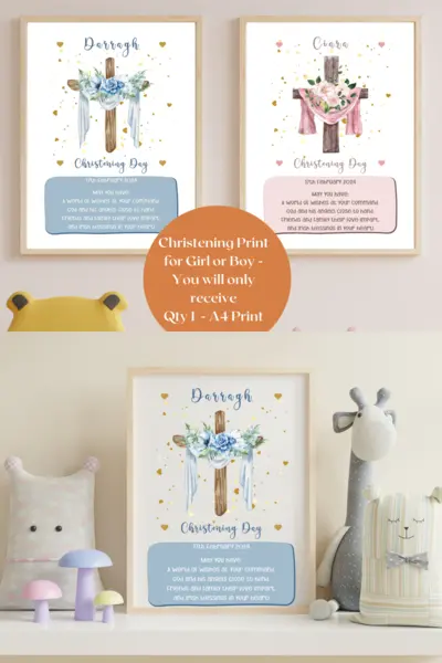 Girl or boy christening print floral cross with hearts