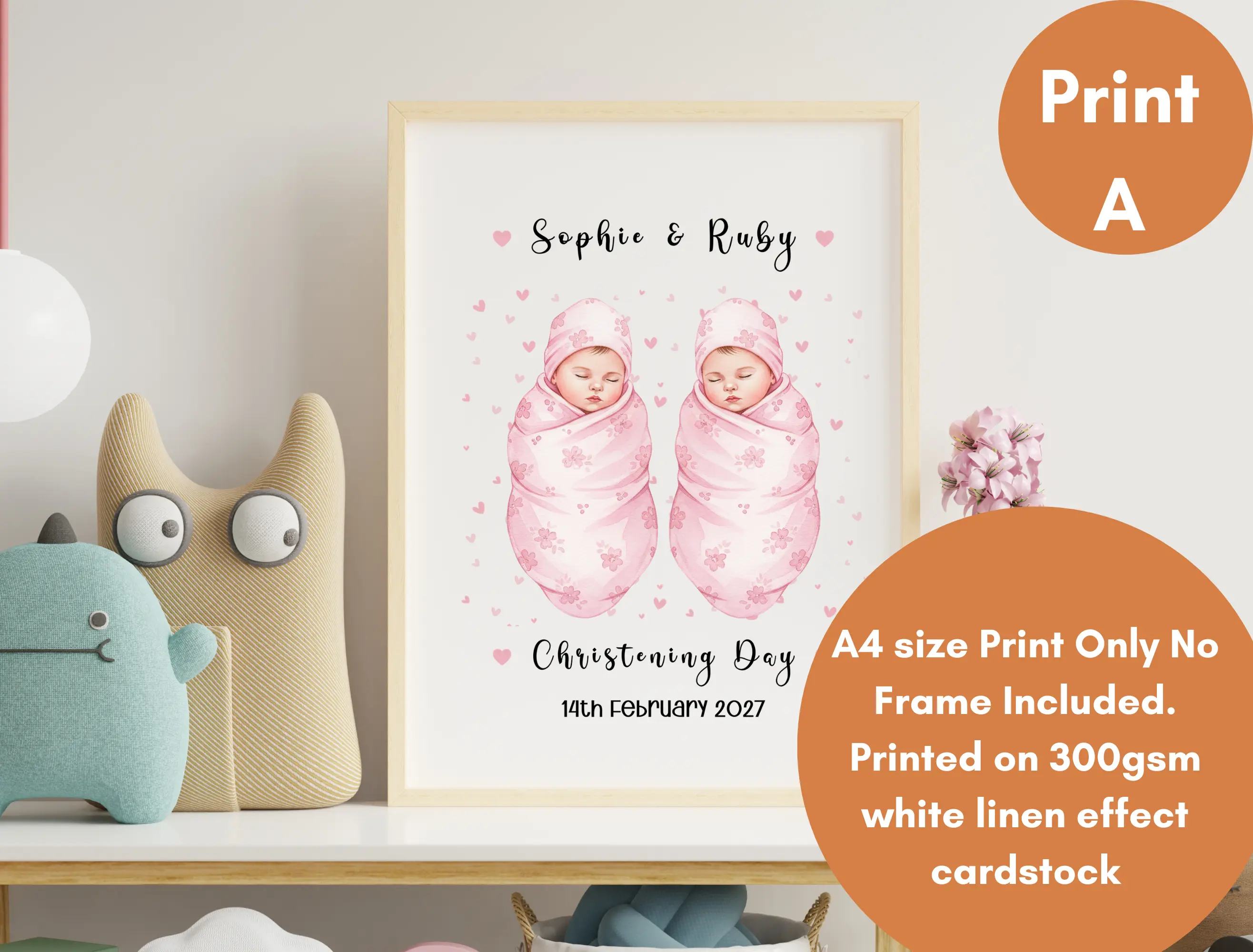 Personalised twins christening print baby swaddle boy or girl