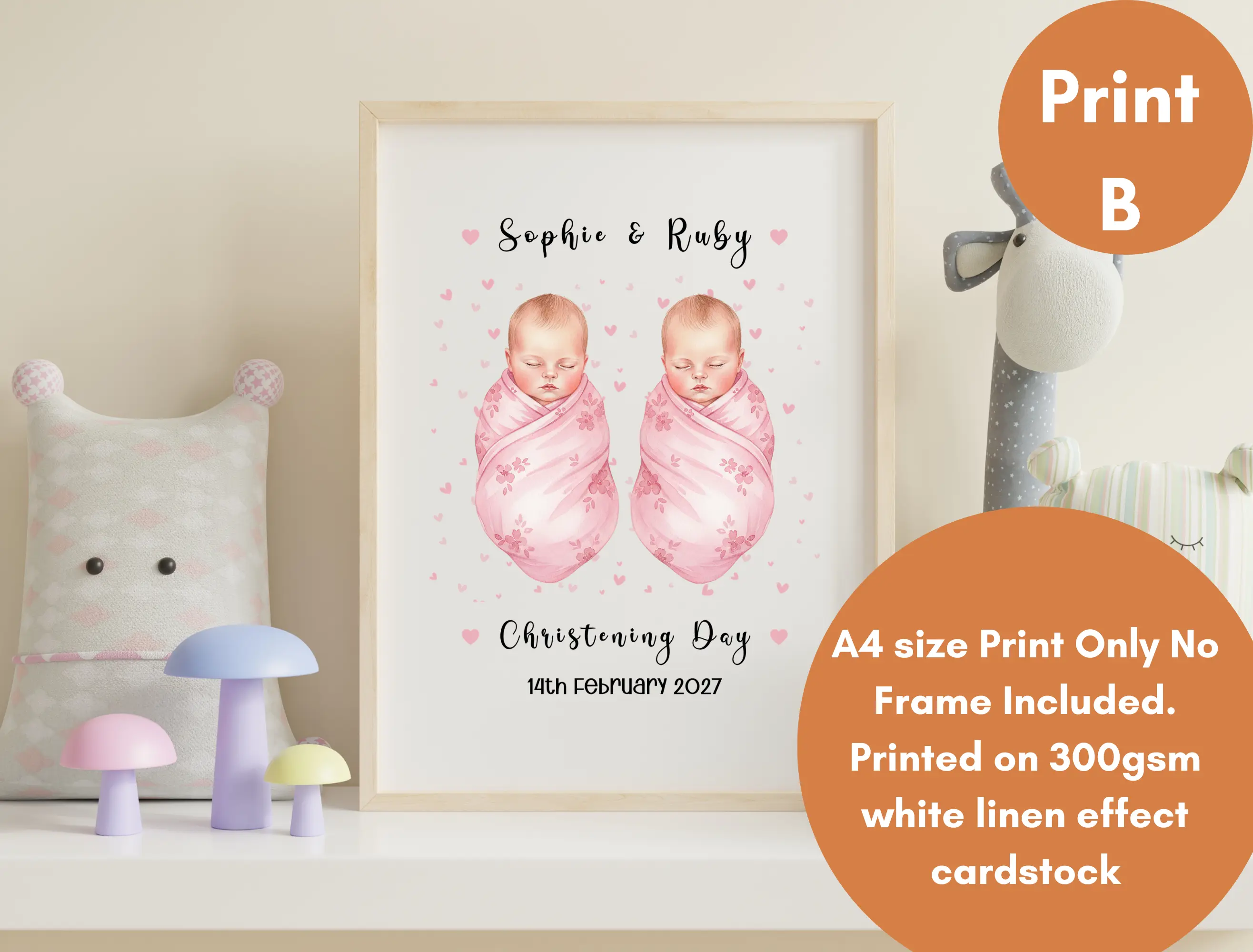 Personalised twins christening print baby swaddle boy or girl