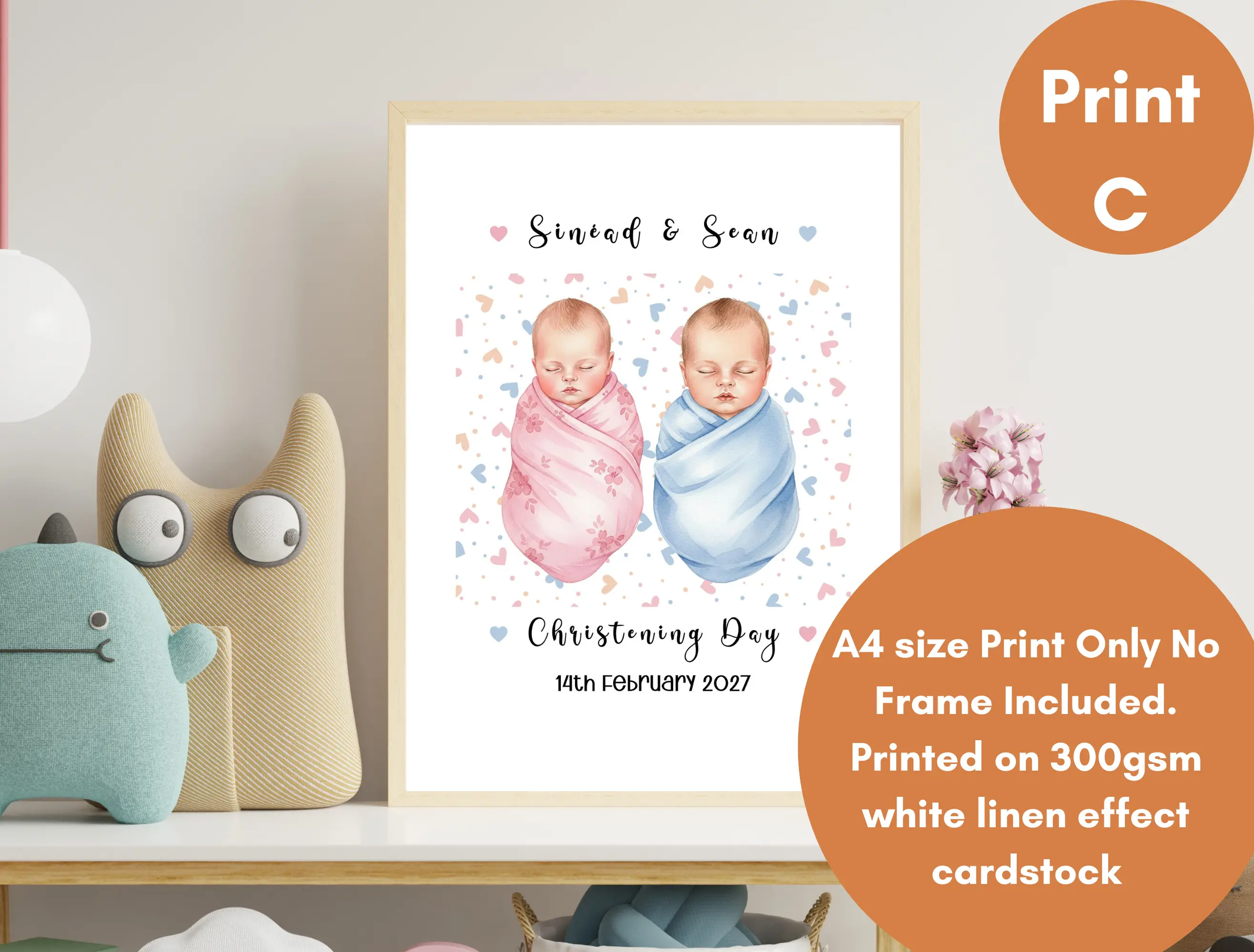 Personalised twins christening print baby swaddle boy or girl