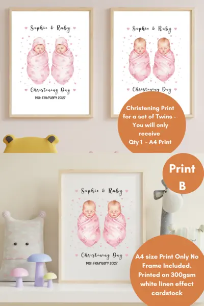Personalised twins christening print baby swaddle boy or girl