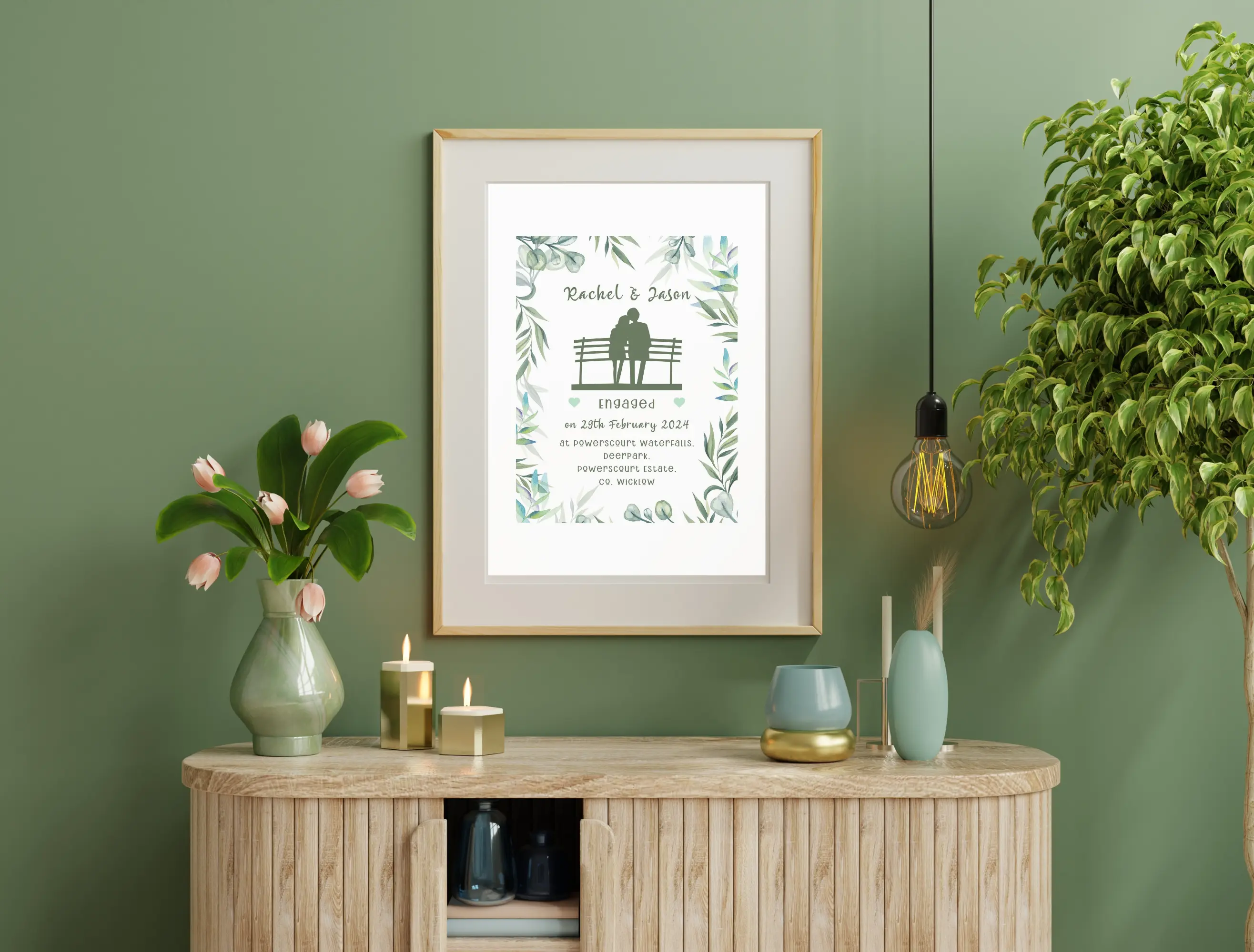 Personalised engagement print eucalyptus couple in love on bench