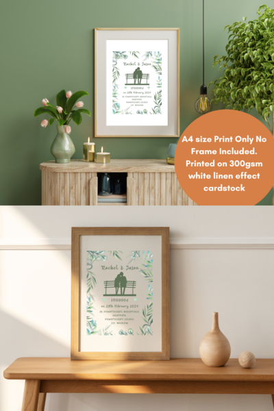 Personalised engagement print eucalyptus couple in love on bench