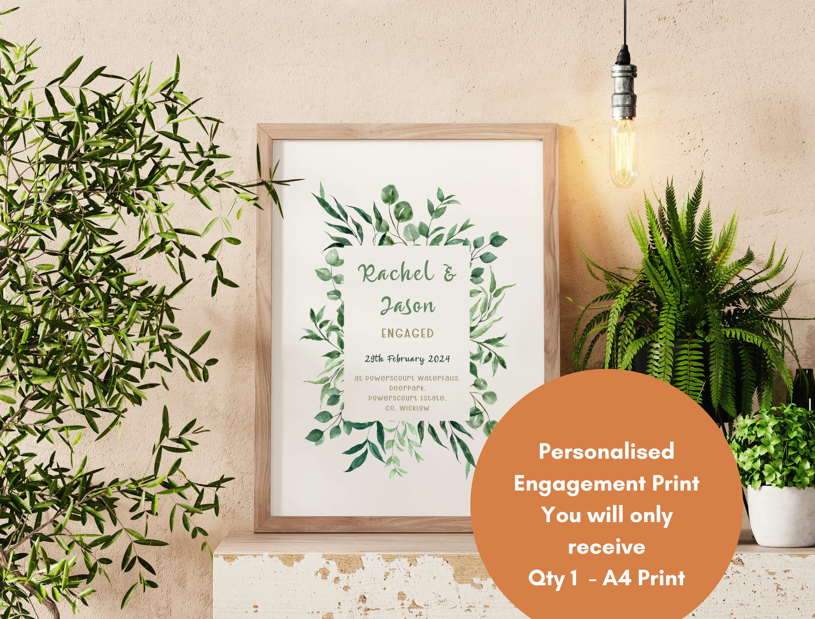 Personalised engagement print eucalyptus elegant font