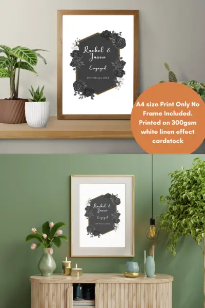 Personalised engagement print with black roses