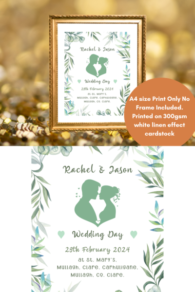 Wedding print personalised with eucalyptus and couple heads