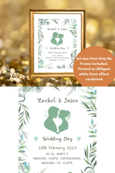 Wedding print personalised with eucalyptus and couple heads