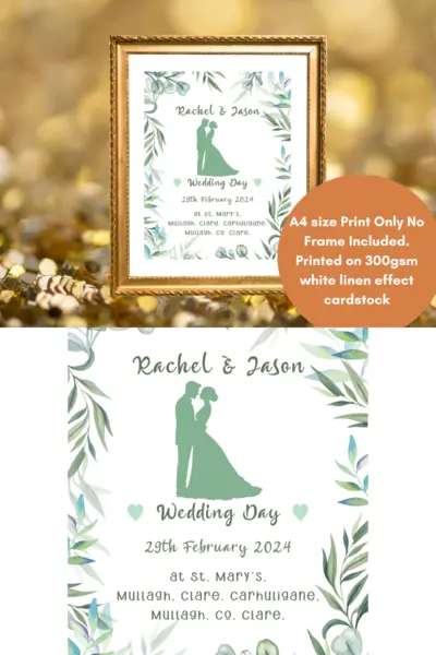 Wedding print personalised with eucalyptus leaves and couple