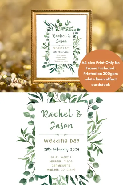 Wedding print personalised with eucalyptus leaves
