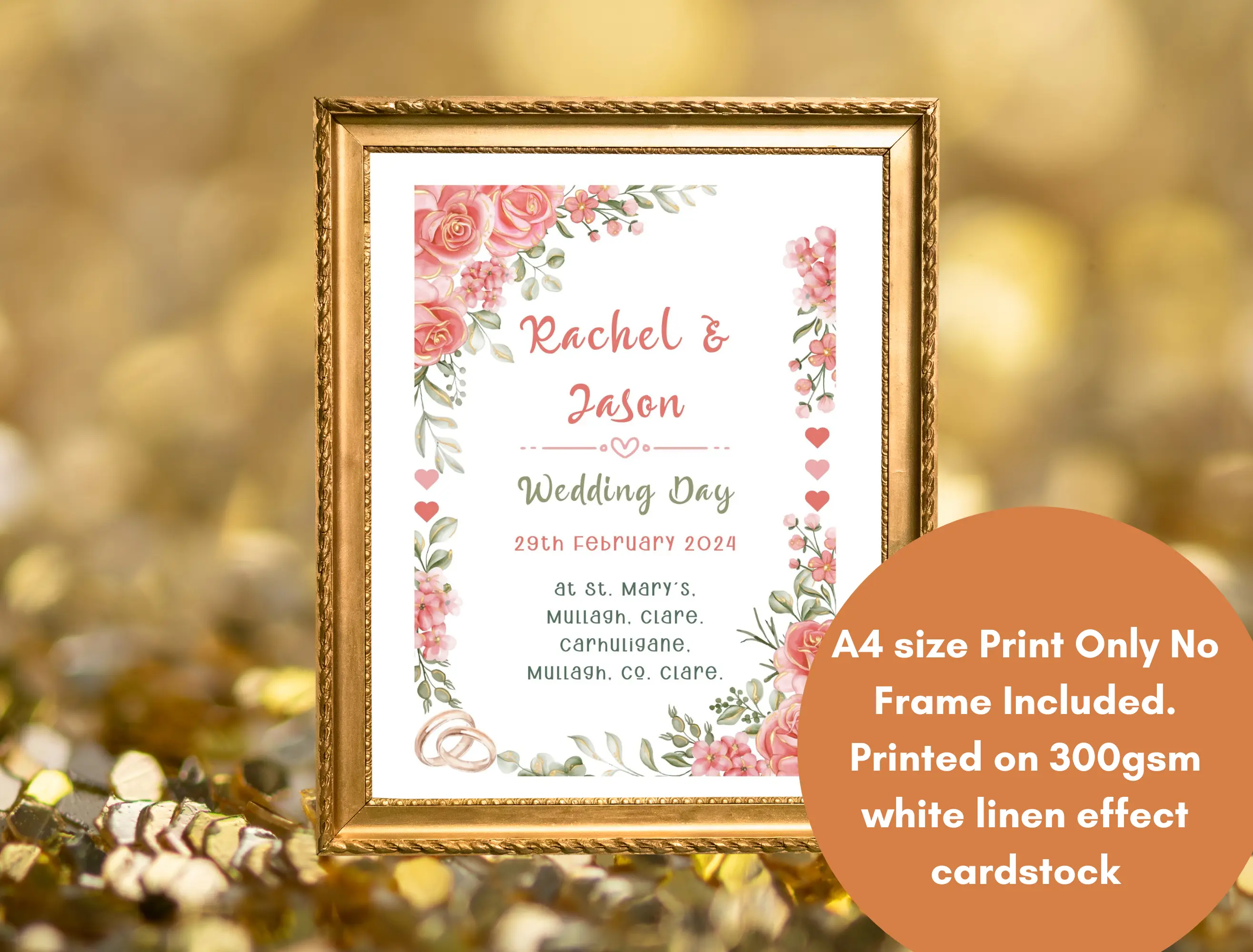Wedding print personalised with pink roses