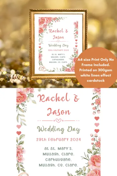 Wedding print personalised with pink roses